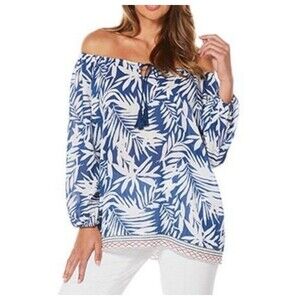 Rafaella Weekend 100% Cotton Blue Blouse Women's Size Large Floral Embroidered
